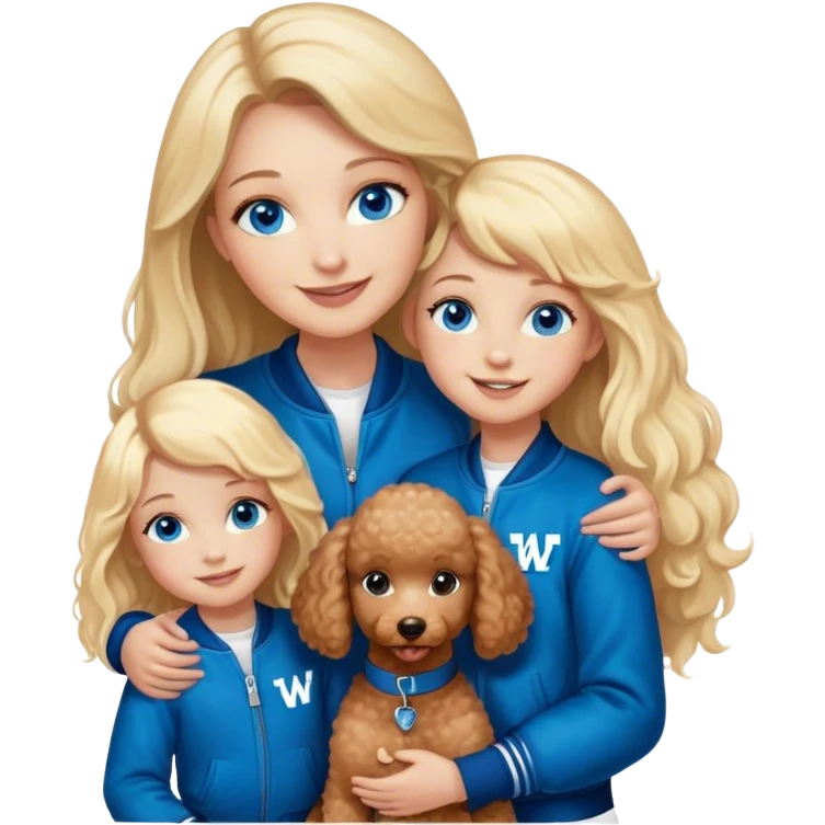 smiling mother in letterman jacket with W and Blue eyes, two Little girls Long blond straight hair and Blue eyes and one brown poodle puppie emoji