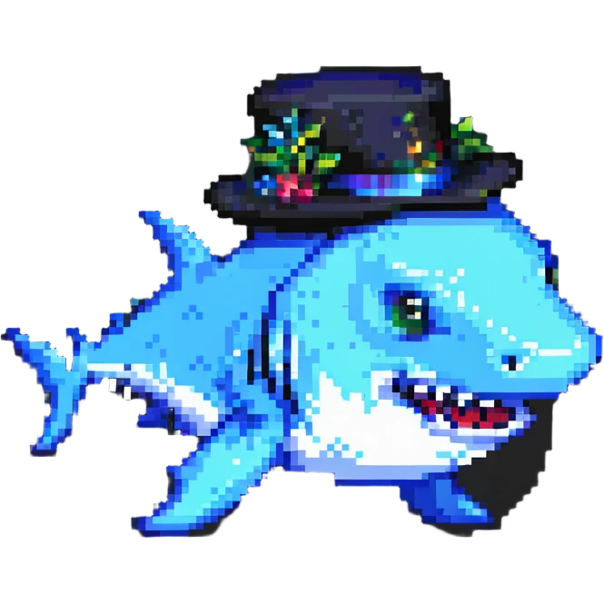 pixel art shark with a black tophat emoji