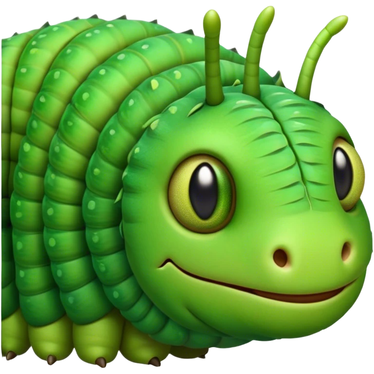 Cinematic Realistic Noble Caterpillar Portrait Emoji, Poised and serene, with a slender, segmented body covered in vivid, detailed green scales accented by subtle natural patterns, and a tiny, focused face with delicate, inquisitive eyes, rendered with lifelike texture and soft natural lighting, high shine, intelligent and delicate, styled with an air of woodland elegance, focused and attentive, soft glowing outline, capturing the essence of a watchful and confident looper caterpillar that appears ready to inch gracefully out of the screen with natural authority! emoji