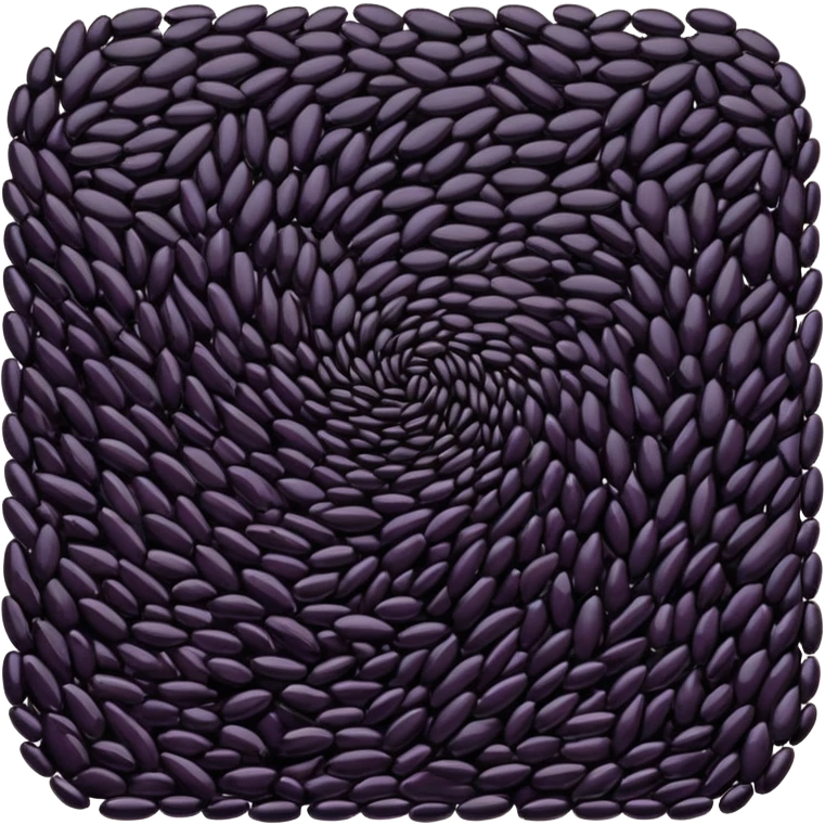 loose scatter of uncooked black rice grains, glossy elongated shape, deep purplish-black color, smooth slightly curved surface, subtle natural variations in tone, soft lighting, subtle shadows, emoji scale emoji