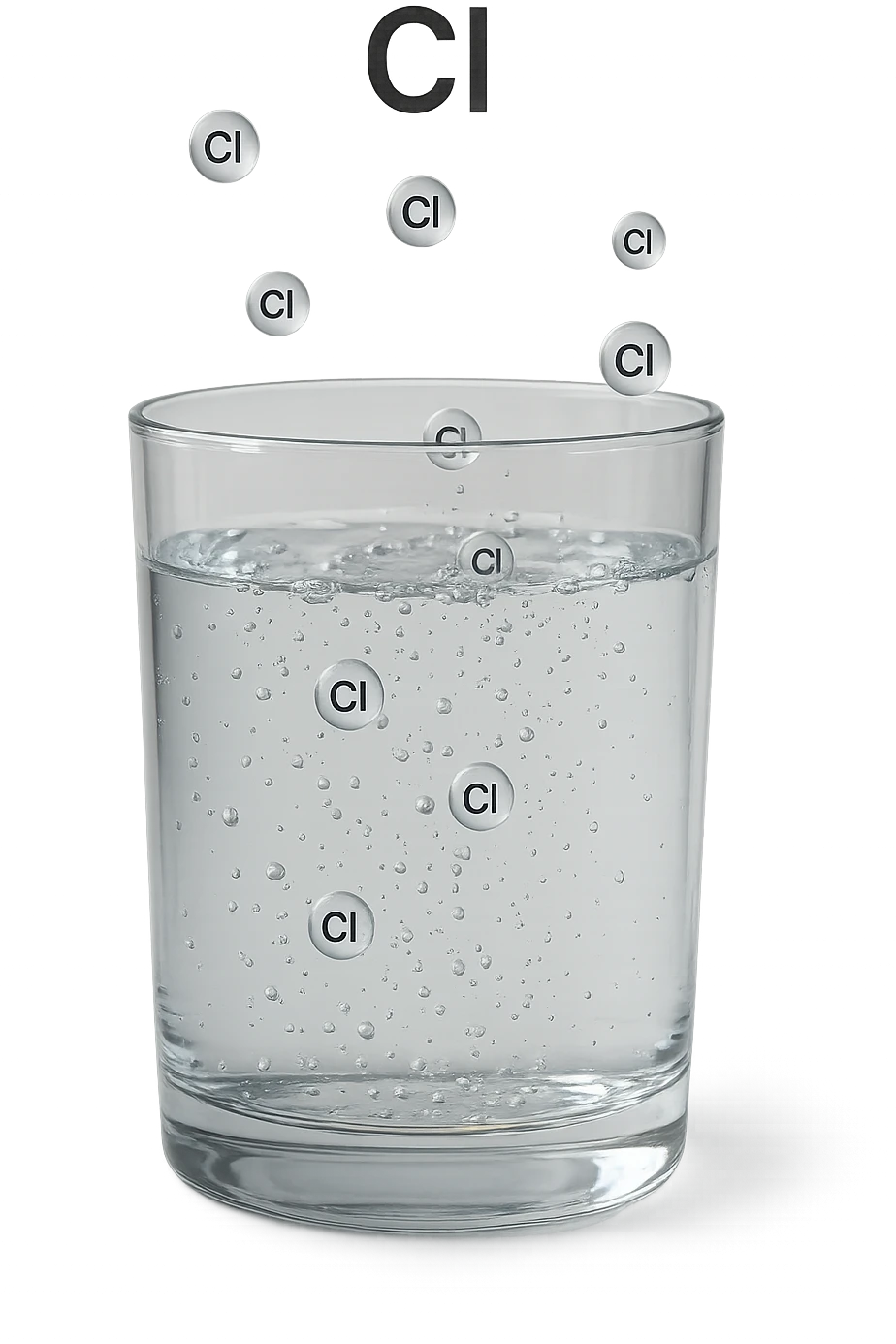 un bicchiere di acqua fluttua in aria realistico e dettagliato, dentro l'acqua del bicchiere ci sono particelle di cloro ben visibili con la scritta "Cl" sopra, ci sono particelle anche che escono dal bicchiere e fluttuan
o in aria verticalmente, mentre alcune sono all'interno dell'acqua nel bicchiere, iperrealistico 4k emoji