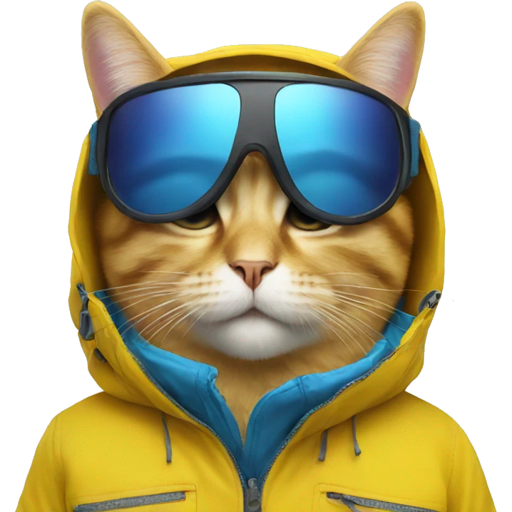 yellow snowboarding cat with blue jacket and ski glasses emoji