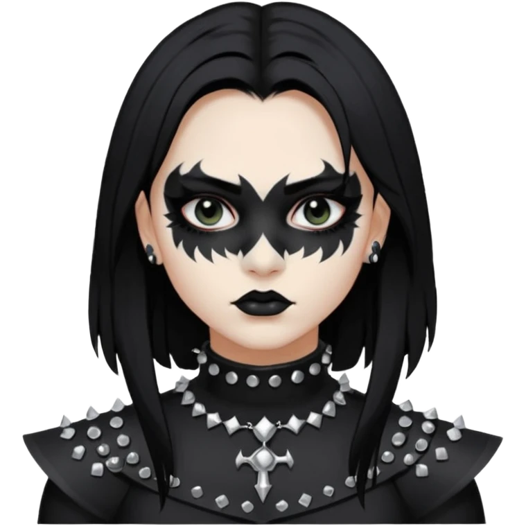 Crea una ragazza con stile black metal,  paint face black metal, capelli neri mossi dalle spalle e occhi bianchi e un collare con borchie a punta emoji
