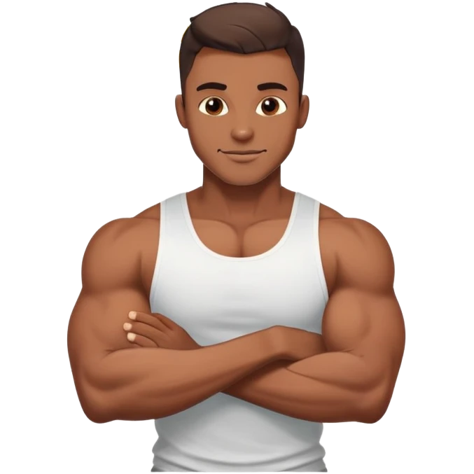 Handsome muscular boyfriend with defined abs, wearing a tank top, strong jawline, darkerr skin, charming smirk, flexing arm, sun-kissed skin, emoji