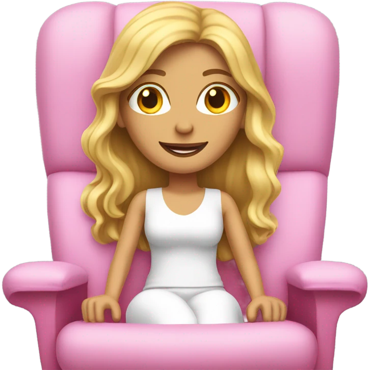 White woman, long hair, blonde hair, wavy hair, pink sun chair emoji