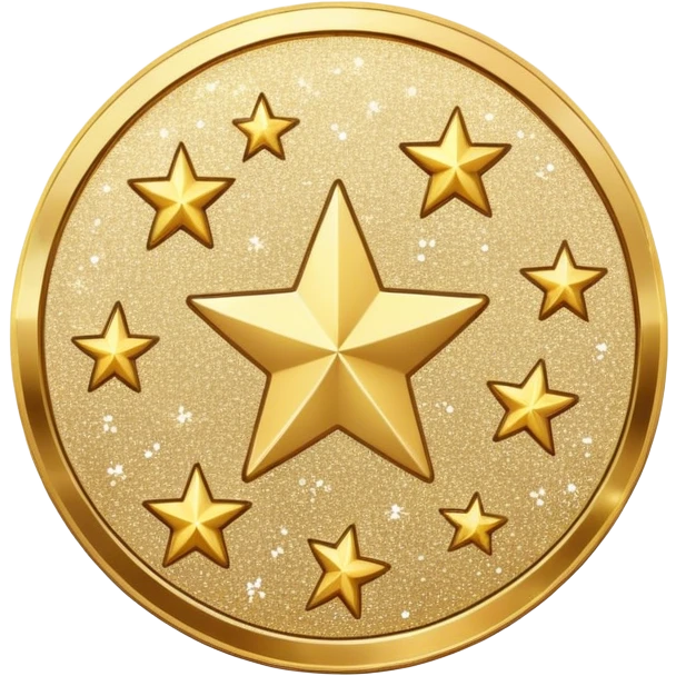 coin with a glitter texture, surrounded by twinkling stars emoji