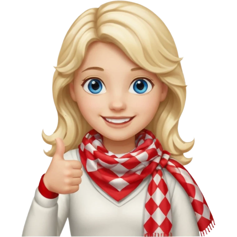 Blonde Girl, Blue Eyes, wavy hair, smiling, thumbs up, wearing red Checkered Triangle scarf, white dress emoji