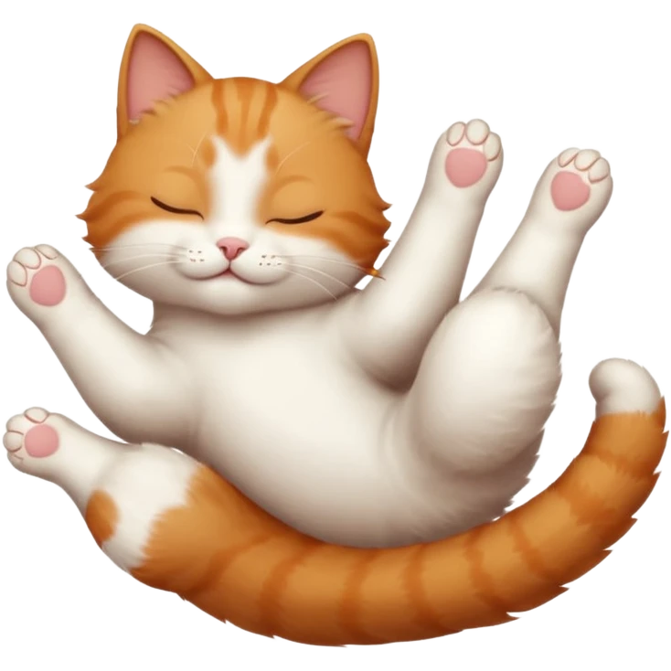 ginger and white small cat eyes closed lying down upside down with paws stretched out in different directions emoji