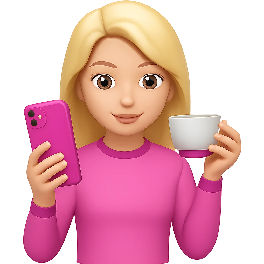 Add a phone in her hand, all pink, Gossip Girl vibe, in the style of apple emojis. Remove the background. emoji