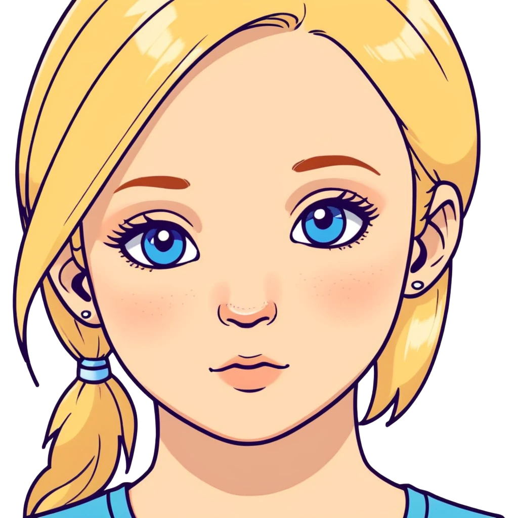 blonde girl, blue eyes, white skin with a freckle under her left eye and nose piercing in left nostril  emoji