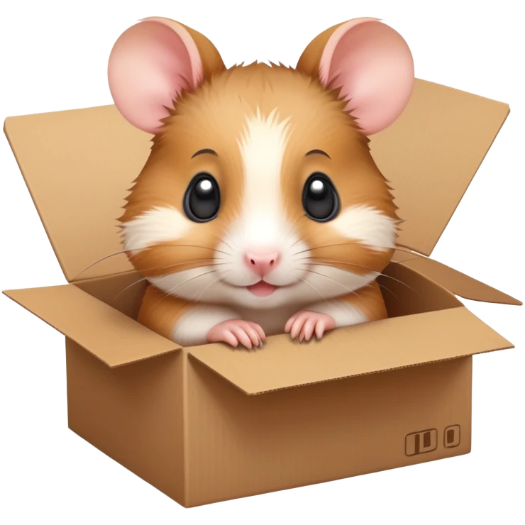  A very cute young  hamster  with one's head tilted to one side poked its paws out of the cardboard big box and placed them on top of it emoji