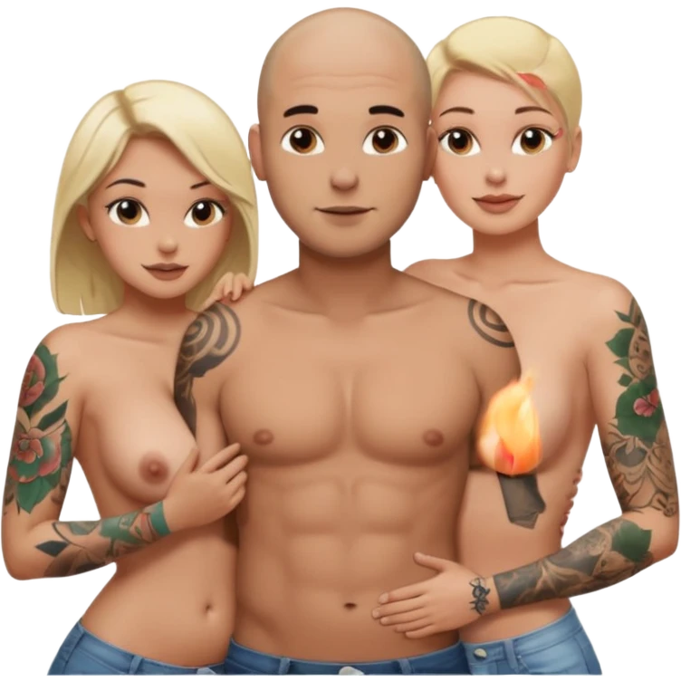 throuple tattooed sleeves bbald male with topless naked big boobed brunette and topless naked big boobed blonde girlfriends  lovingl  and sexy polygamy  emoji