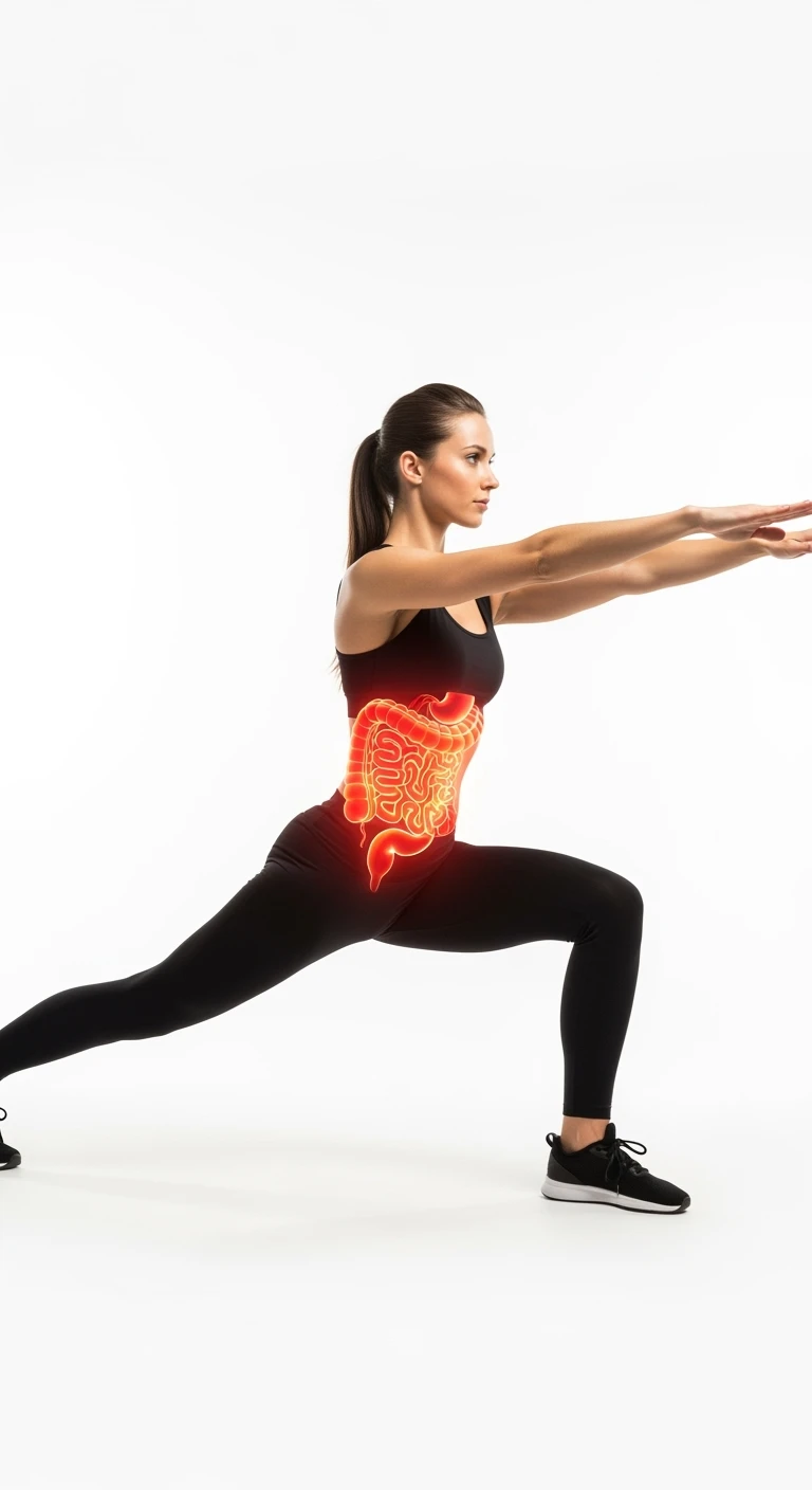 donna che fa stretching con intestino umano anatomico in evidenza, realistica 4k sfondo bianco emoji