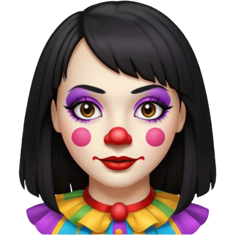 Uma palhaça om os cabelos pretos, longos, liso e com franja, olhos castanhos emoji