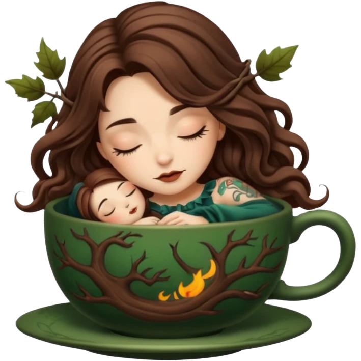cute forest witch woman long wavy brown hair tattoos sleeping inside teacup emoji