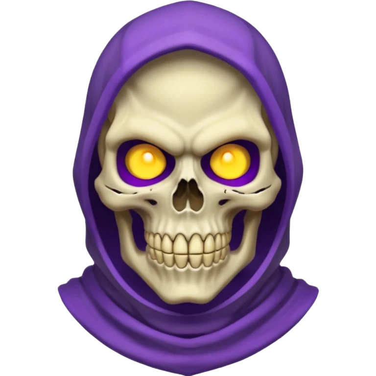 Skeletor, close-up of skull face, glowing yellow eyes, purple cowl emoji