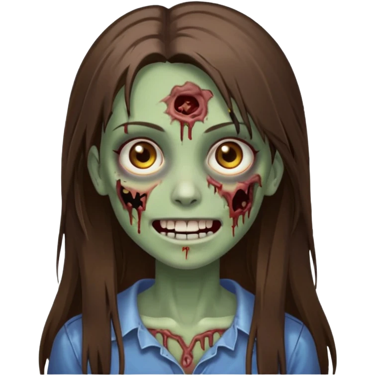 a zumbi girl with long brunette straight hair and light brown eyes, she is happy and beautiful, do it as a icon  emoji