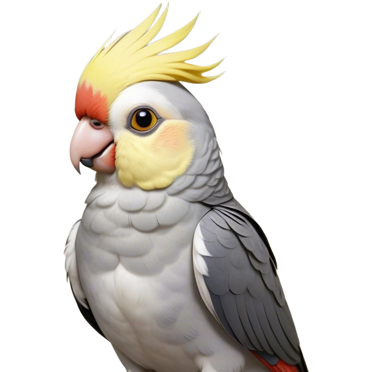 Cinematic Noble Cockatiel Portrait Emoji, Poised and regal, with a slender, delicate build and a beautifully groomed grey fur accented by vibrant yellow cheek patches and a graceful crest, deep-set soulful dark eyes, Simplified yet sharp and sophisticated features, highly detailed, glowing with a soft, dignified glow, high shine, intelligent and charming, stylized with an air of elegance, focused and attentive, soft glowing outline, capturing the essence of a watchful and confident avian companion, so majestic it feels as though it could flutter out of the screen with effortless authority! emoji