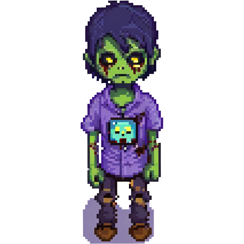 zombie boy with black emo hair and purple shirt, pixel art style emoji