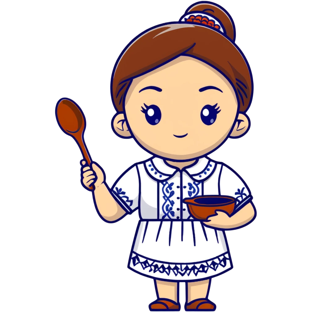 Ukrainian young girl in a white embroidered traditional shirt holding cooking tools like spoon and ladle emoji