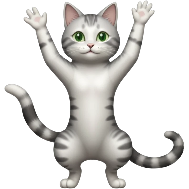 grey and white cat with green eyes doing a big long stretch reaching up into the air with arms and legs side by side together emoji