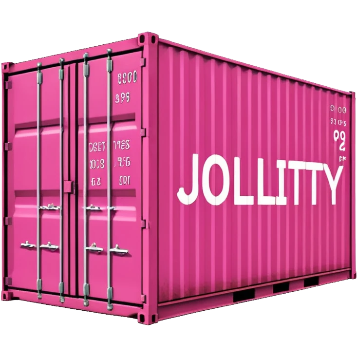 a pink shipping container with the words "Jollity & Co." in big letters on the long side emoji