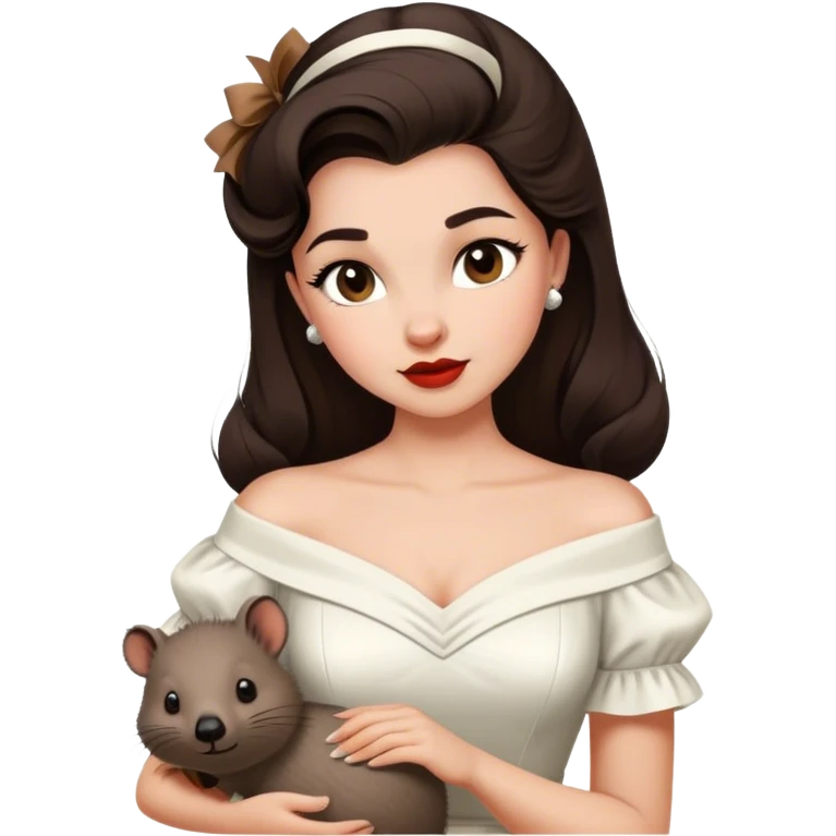Beautiful woman in 1950’s woman fashion look, off-shoulder white dress, long dark brown hair, wombat emoji