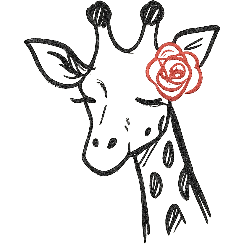 stylized giraffe with a red rose behind her ear, elegant and minimal emoji