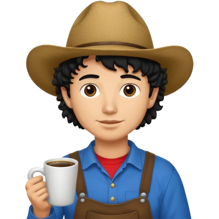 Ranch hand with blue hat and coffee mug, curly black hair, red shirrt emoji