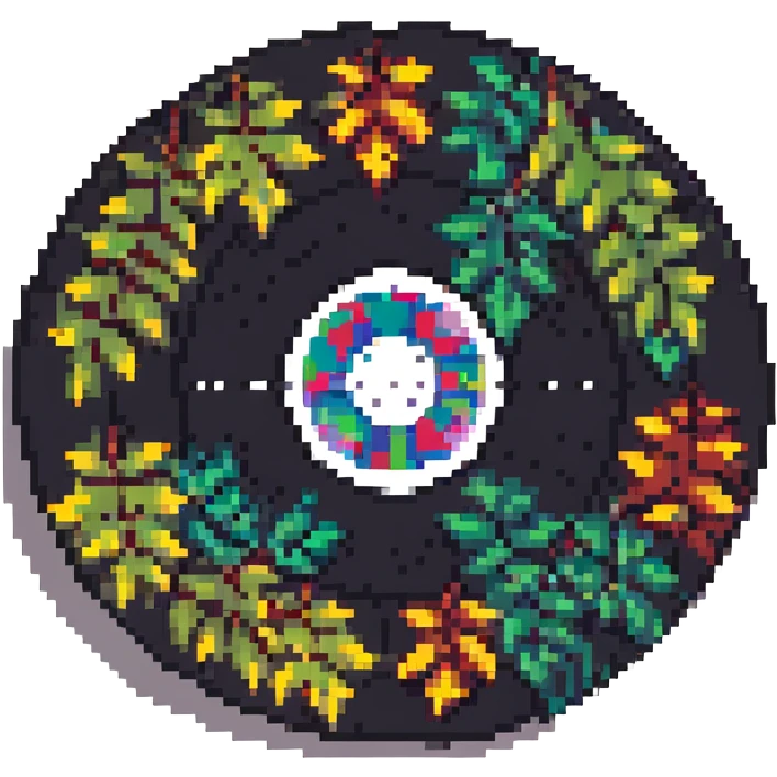 pixel art vinyl record with leaves, retro style, warm muted colors, subtle grain, nostalgic aesthetic emoji