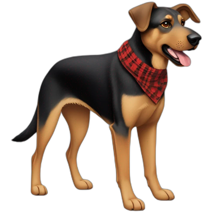 75% Coonhound 25% German Shepherd mix dog wearing small pointed red buffalo plaid bandana pointing down side view full body facing left emoji