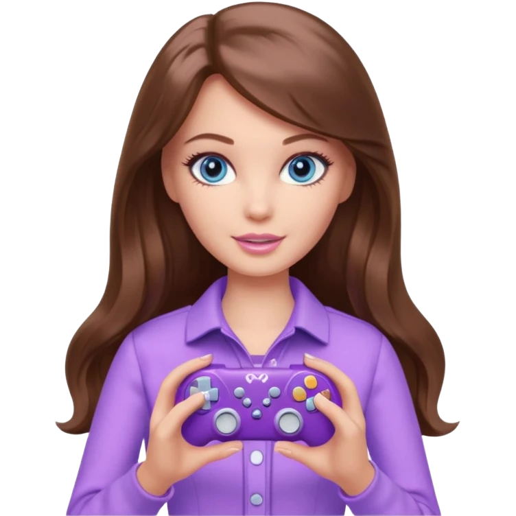 beautiful barbie girl with long brown hair, blue eyes and wearing light purple clothes playing computer games emoji