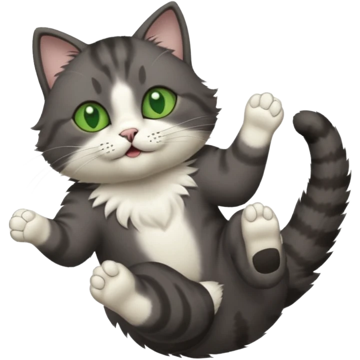 dark grey cat with green eyes, white toes/paws and white patch on her chest playfully rolling upside down emoji