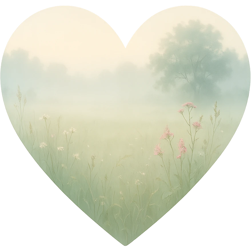 heart with a misty morning meadow, clean digital illustration emoji