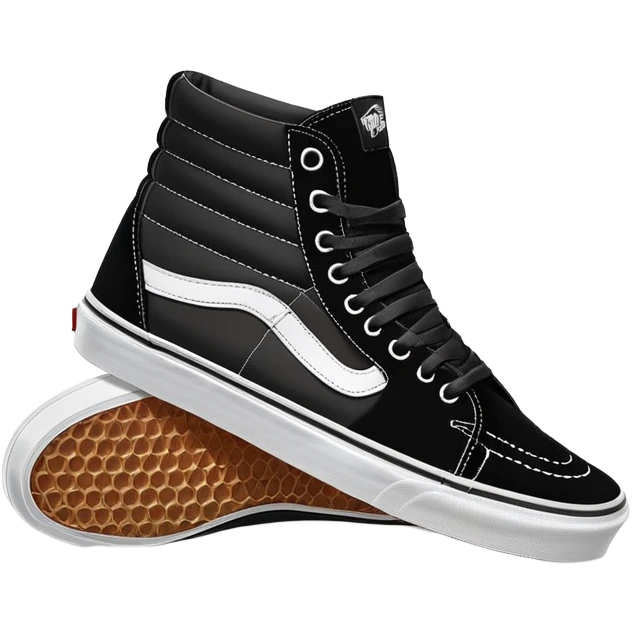 Pair of black Vans Sk8-Hi high top sneakers with white stripe, one positioned behind the other, showing the signature side stripe, black canvas and suede emoji