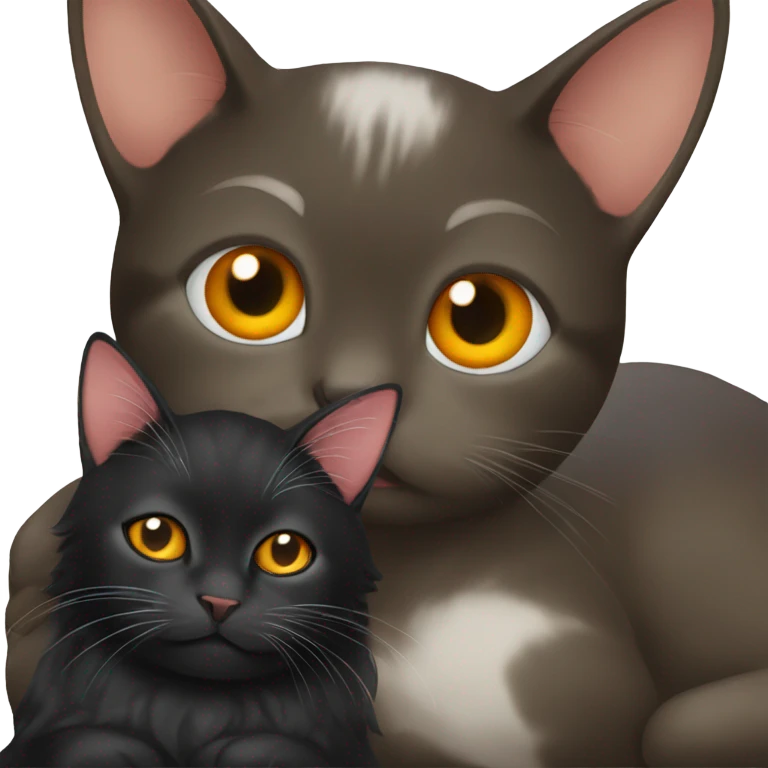 a black cat has her eyes closed and is grooming a smaller, orange cat emoji