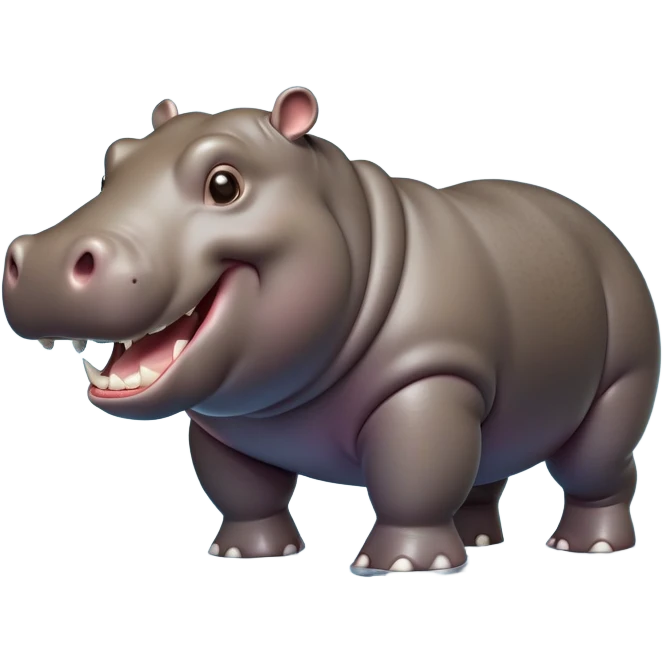 cinematic-hippo-realistic-full-body side view-standing on all fours-emoji,-massive-round-frame,-wide-mouthed-grin-exposing-huge-teeth,-head-tilted-dramatically,-thick-greyish-brown-hide-glossy-from-water,-simplified-yet-realistic-focused-features,-highly-detailed,-glowing-with-an-almost-sarcastic-glow showing only 4 theeth emoji