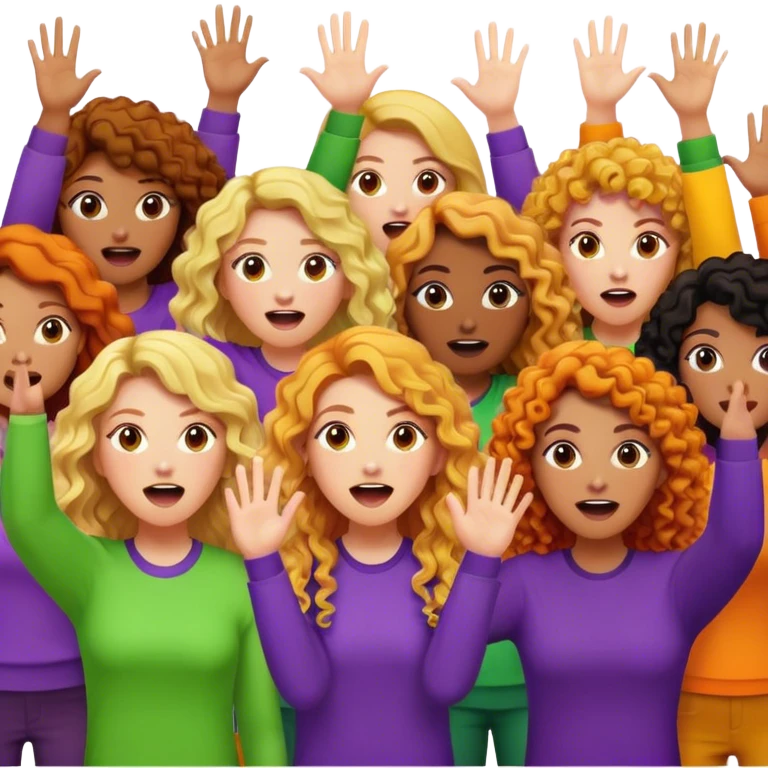 Ladys with blonde curly long hair, black curly long hair and hinge curly long hair with purple, green, orange and yellow clothes putting their hands up and shouting  emoji