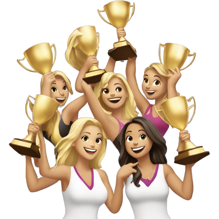 Seven beautiful blonde and Latina women celebrating with 1 huge gold trophy emoji