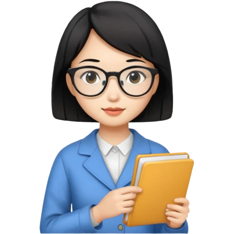 A young female guide with fair skin and short black hair from Asia, holding her guide in one hand emoji
