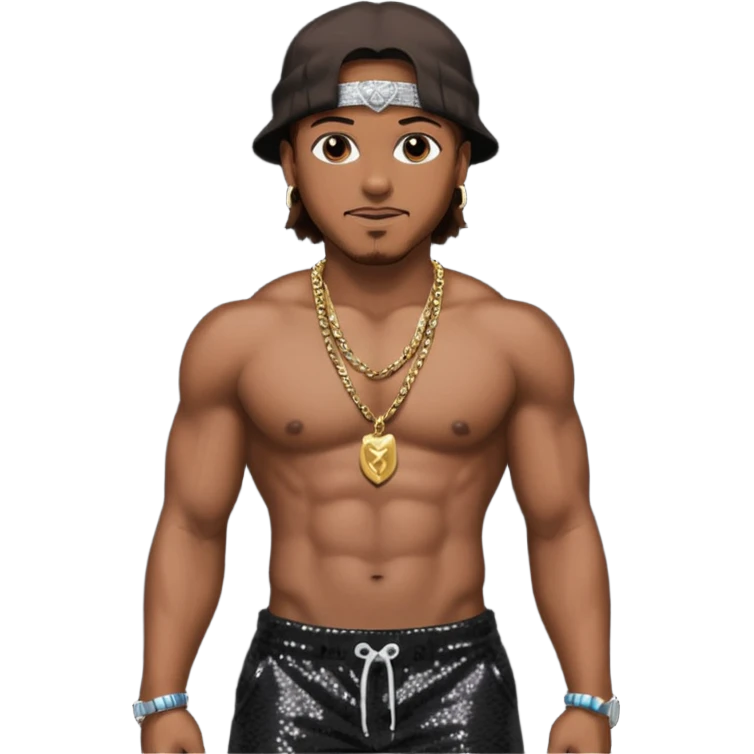 Mystikal, Rapper with dark brown hair, black sequin baggy pants, shirtless with necklace emoji