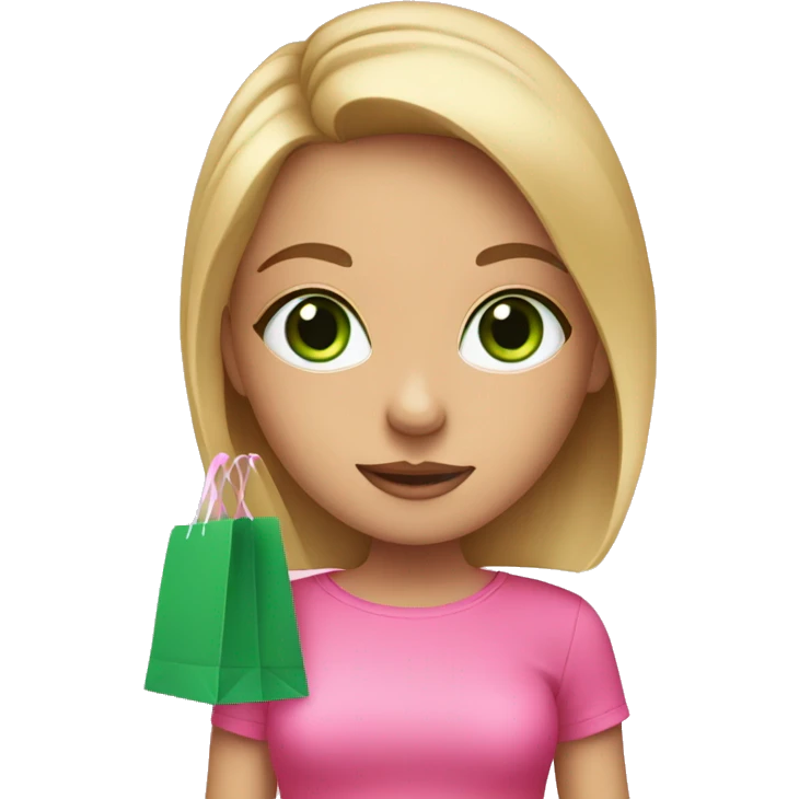 cute dark blonde with green eyes wearing pink surrounded by pink shopping bags emoji