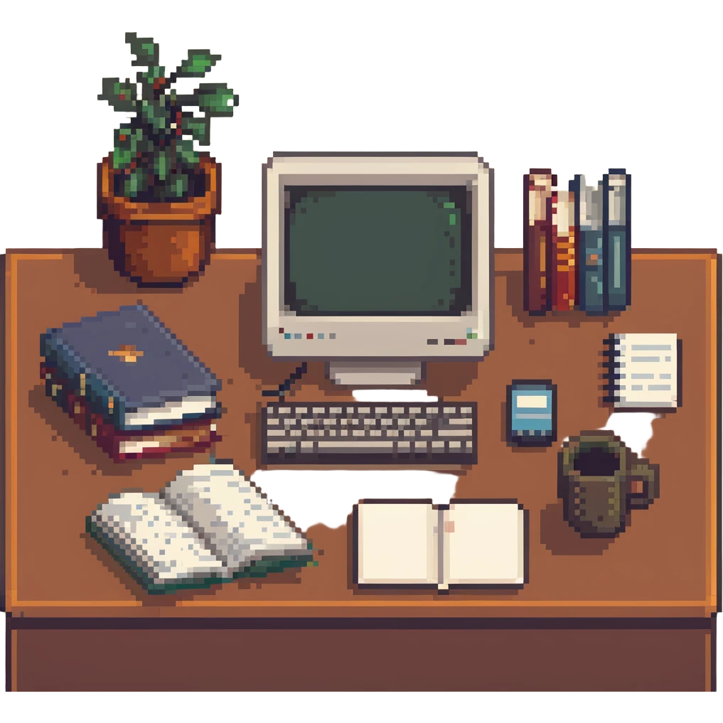 Computer on a desk with scattered books and notebooks emoji
