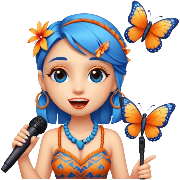 Cartoon Blue and orange girli tiki singing with butterfly and in the mikrophone emoji