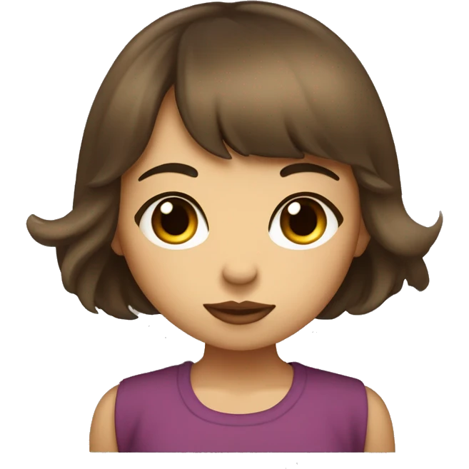 girl with shoulder-length so brown hair with bangs and wavy, slightly not much tanned skin, small black eyes, and making a kissing pout with her lips. emoji