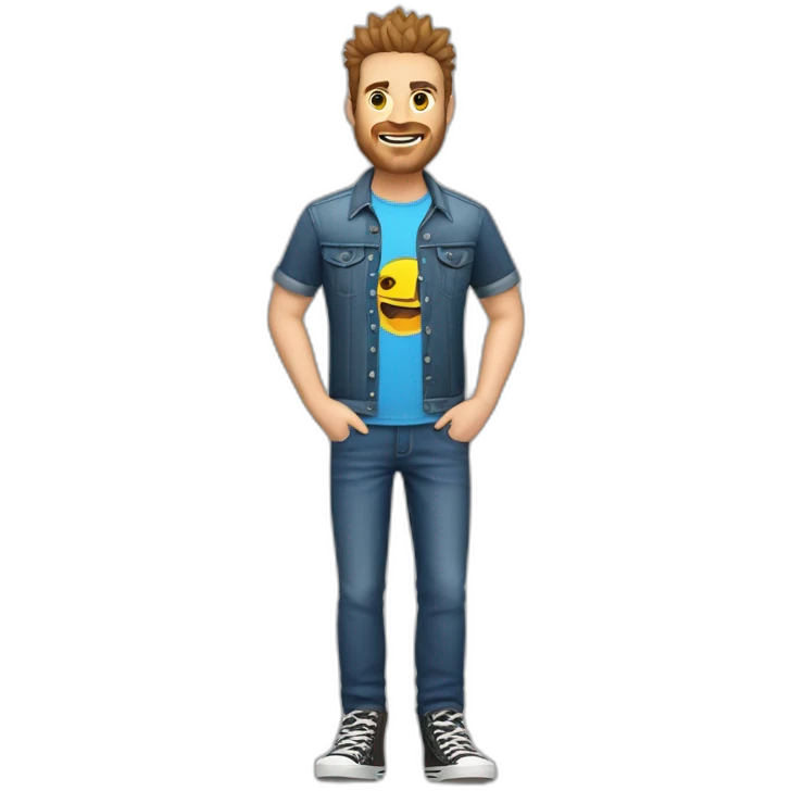 white male adult, Brown Spikey Hair, Video Game Shirt, Blue Jeans, Converse shoes emoji
