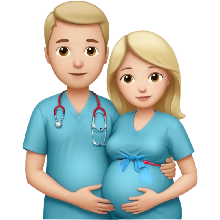 Девушка беременная, рядом ее обнимает муж и они стоят на фоне больницы  emoji