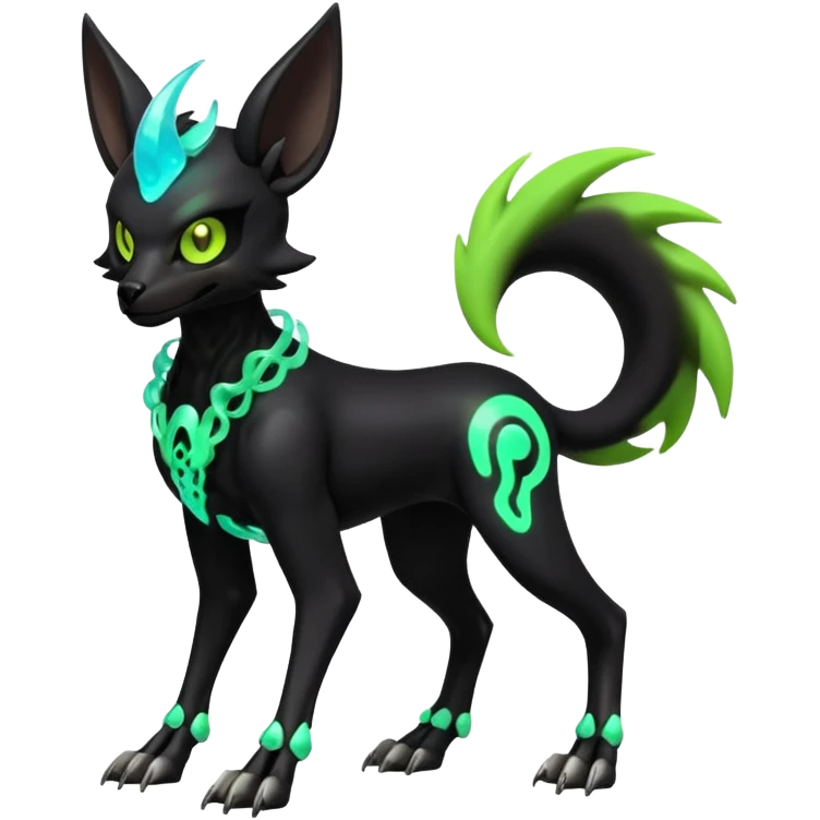 Hyper realistic slim horned skeletal black and neon green futuristic shiny colorful bioluminescent cyber-Poochyena-Zorua-Litten-Houndoom-Fakémon-Pokémon-Digimon-hybrid-fusion (full body) with a skull face emoji