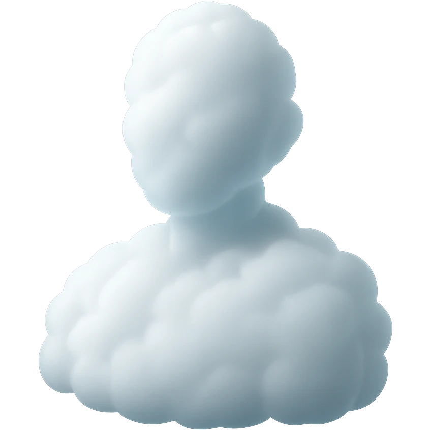 person made entirely of white fluffy convex clouds with slight transparency, shoulders up, front view, matte glass style, no background emoji