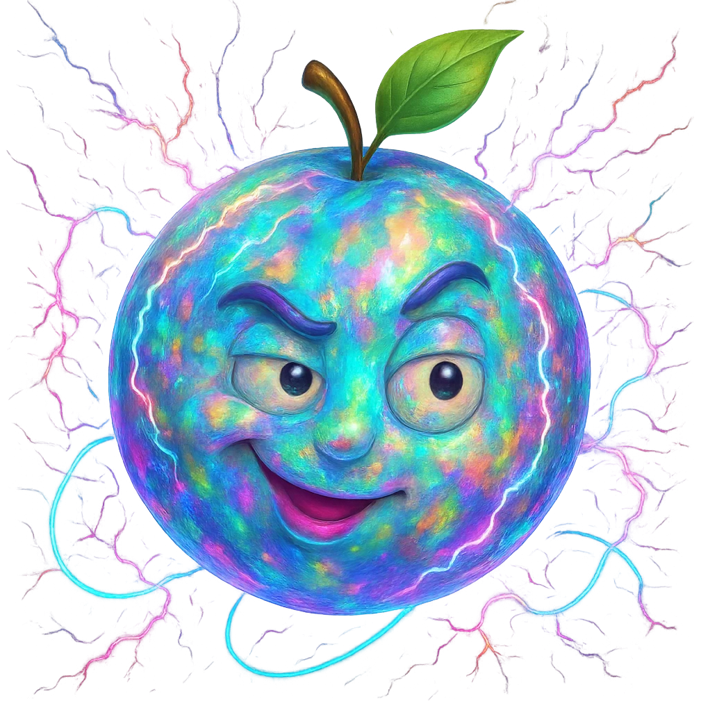 Make the Uranus emoji more eccentric with an opal-like iridescent texture. Add wild, electric, chaotic energy and a playful, unconventional face. Keep the background transparent. emoji
